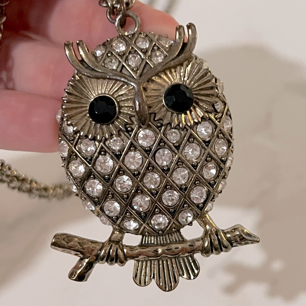 Vintage Jeweled Owl Pendant Long Chain Necklace